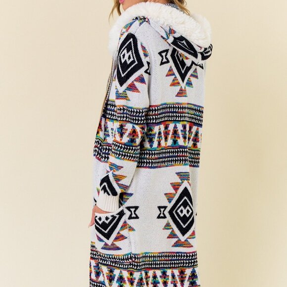 ON BLUE Rainbow Aztec Print Zip-Up Cardigan: Faux Fur Lined Hooded Cardigan Coat - Picture 9 of 15